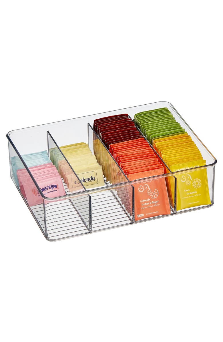 iDesign 4-Section Storage Bin for Tea Bags, Sweeteners, and Spices in Pantry or Cabinet, Clear, Main, color, Clear