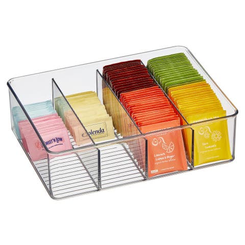 4-Section Storage Bin for Tea Bags, Sweeteners, and Spices in Pantry or Cabinet, Clear