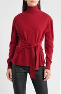 BOSS Falandia Tie Waist Mixed Media Turtleneck Wool & Cashmere Sweater