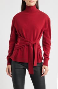 BOSS Falandia Tie Waist Mixed Media Turtleneck Wool & Cashmere Sweater
