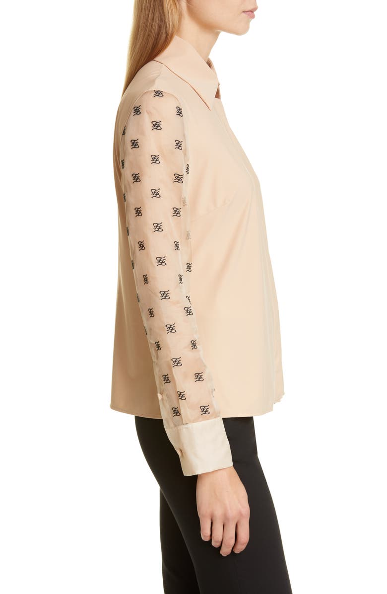 Fendi FF Karligraphy Embroidered Organza Sleeve Blouse, Alternate, color,