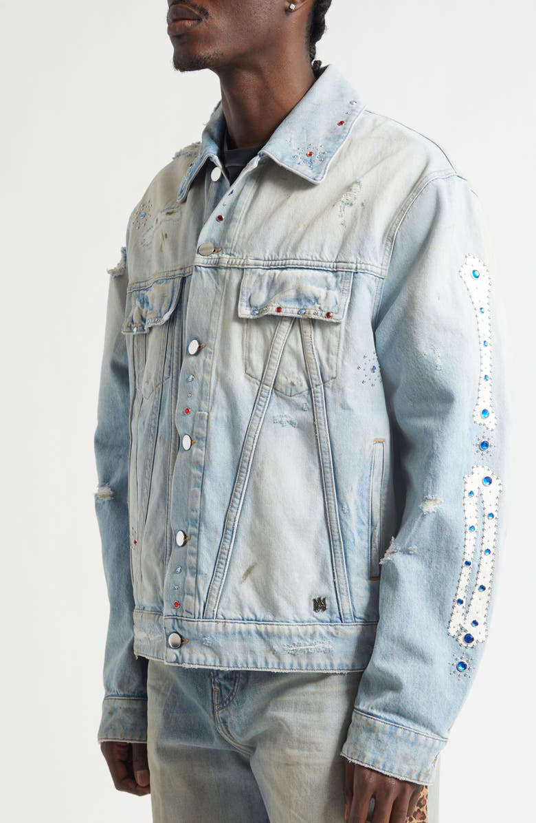 AMIRI Crystal Studded Bones Denim Trucker Jacket, Alternate, color, Perfect Antique Indigo