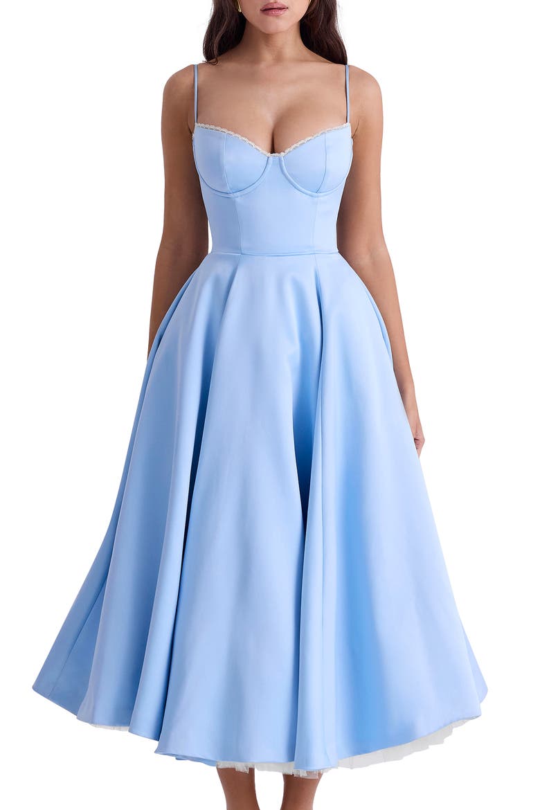 Mademoiselle Bustier Stretch Satin Midi Dress, Alternate, color, CINDERELLA BLUE