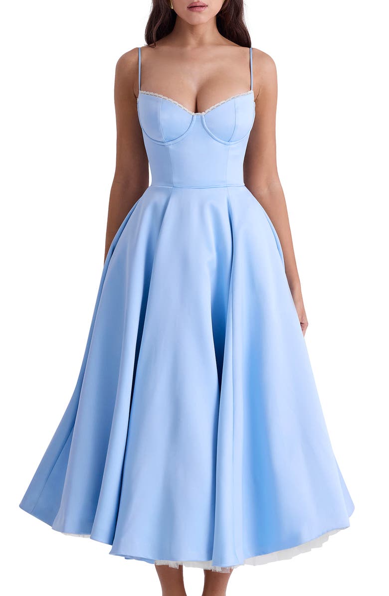 HOUSE OF CB Mademoiselle Bustier Stretch Satin Midi Dress, Alternate, color, Cinderella Blue