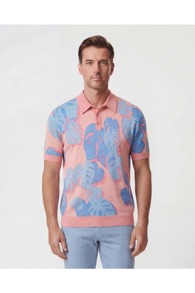 Monstera Floral Mens Merino Silk Cashmere Polo, Main, color, MONSTERA FLORAL CORAL