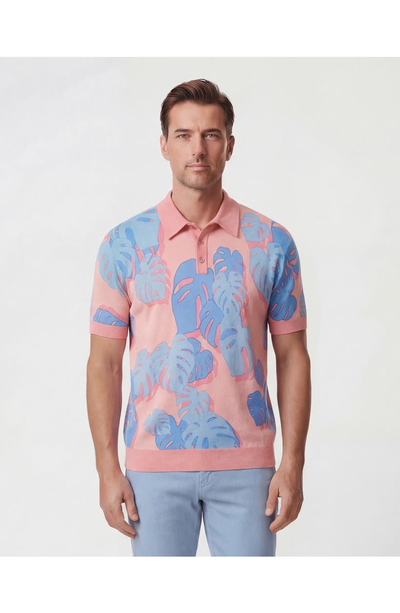 Lords of Harlech Monstera Floral Mens Merino Silk Cashmere Polo, Main, color, Monstera Floral Coral