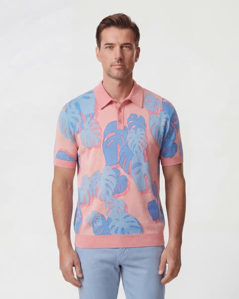 Monstera Floral Mens Merino Silk Cashmere Polo