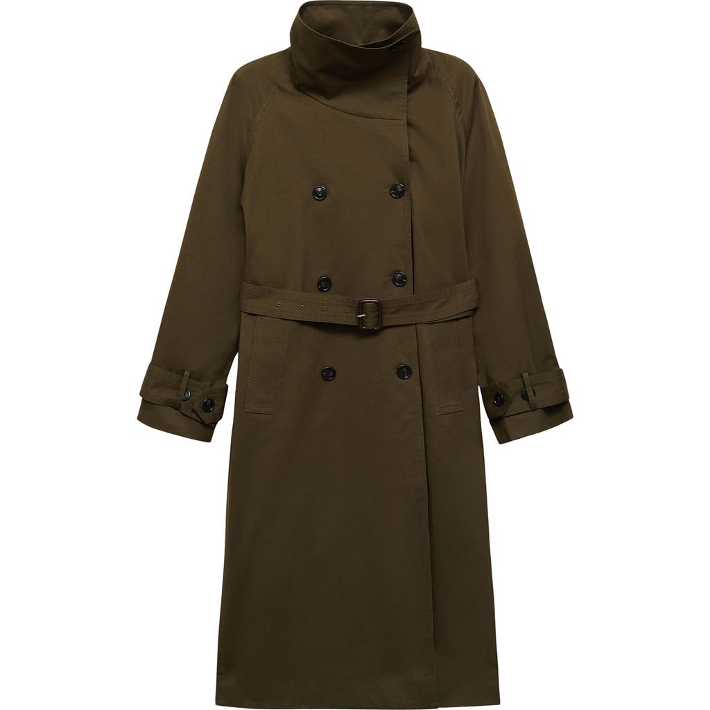 Shop Mango Belted Double Breasted Trench Coat In Khaki Green