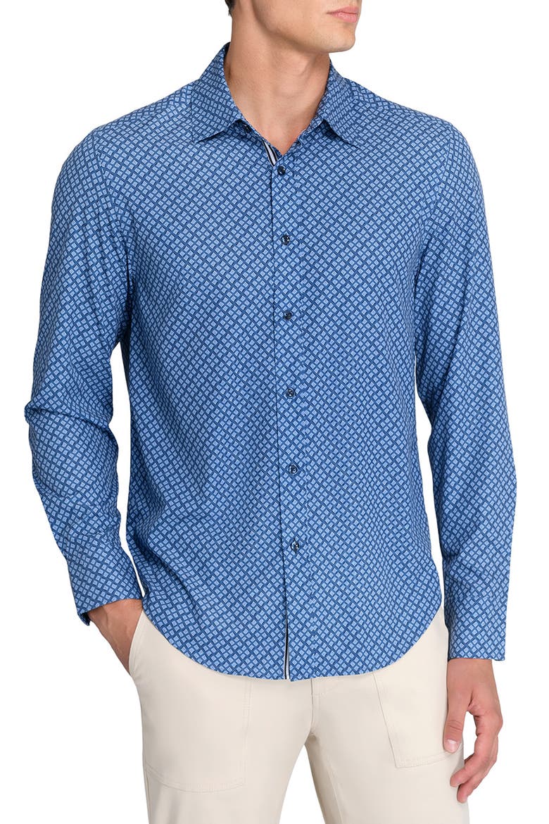 Mini Diamond Print Woven Long Sleeve Basic, Main, color, NAVY/BLUE