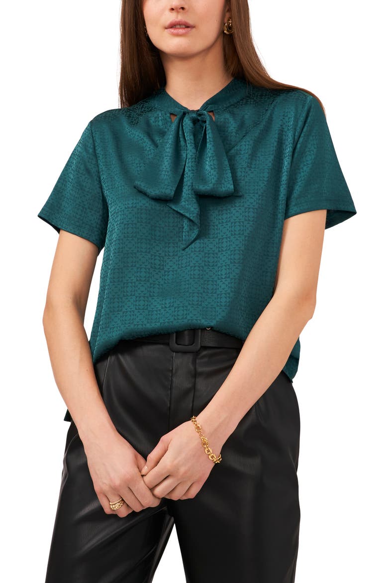 Tie Detail Jacquard Blouse, Alternate, color, RICH SPRUCE