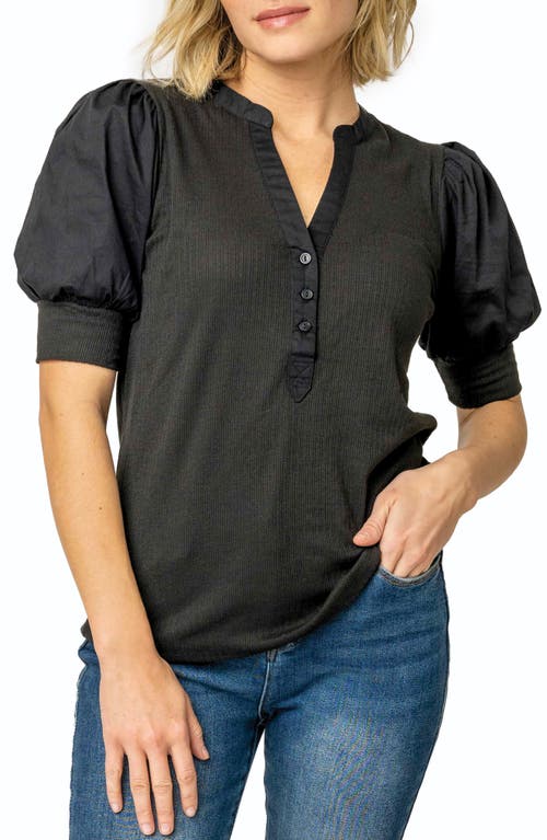 Gibsonlook Puff Sleeve Mixed Media Top In Black