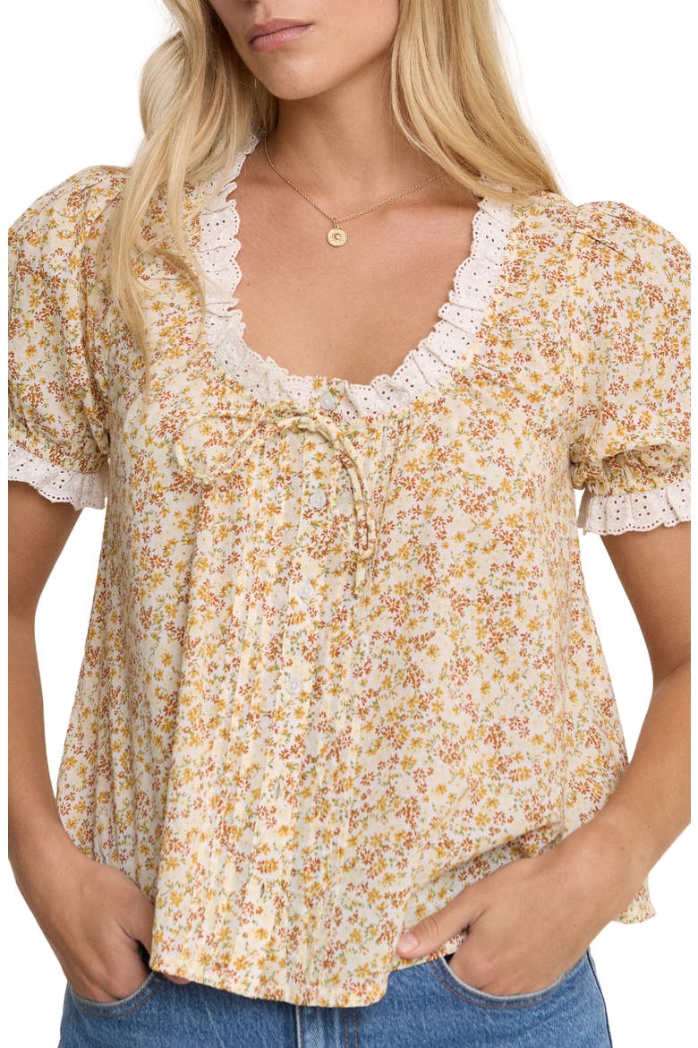 Lumi Floral Eyelet Trim Button-Up Top, Alternate, color, YELLOW