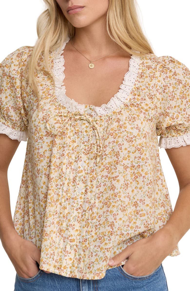 Nobody's Child Lumi Floral Eyelet Trim Button-Up Top, Alternate, color, Yellow