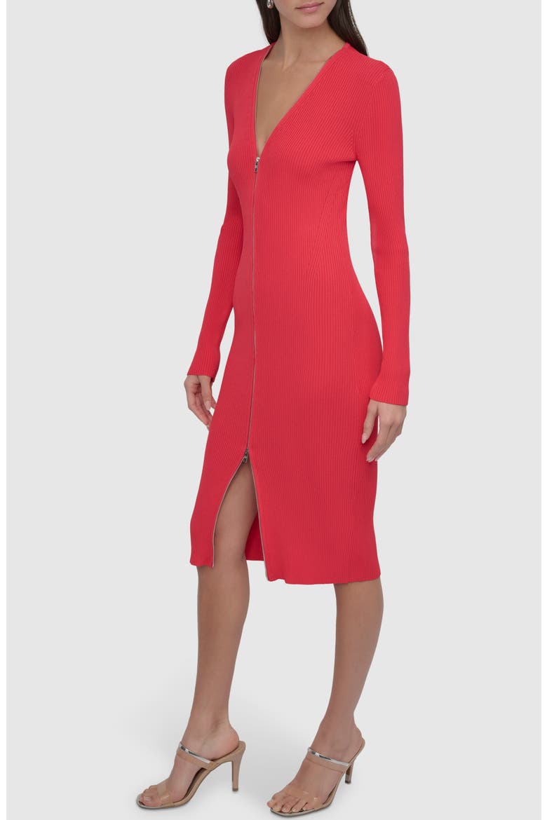 Front Zip Long Sleeve Rib Midi Dress, Alternate, color, WATERMELON