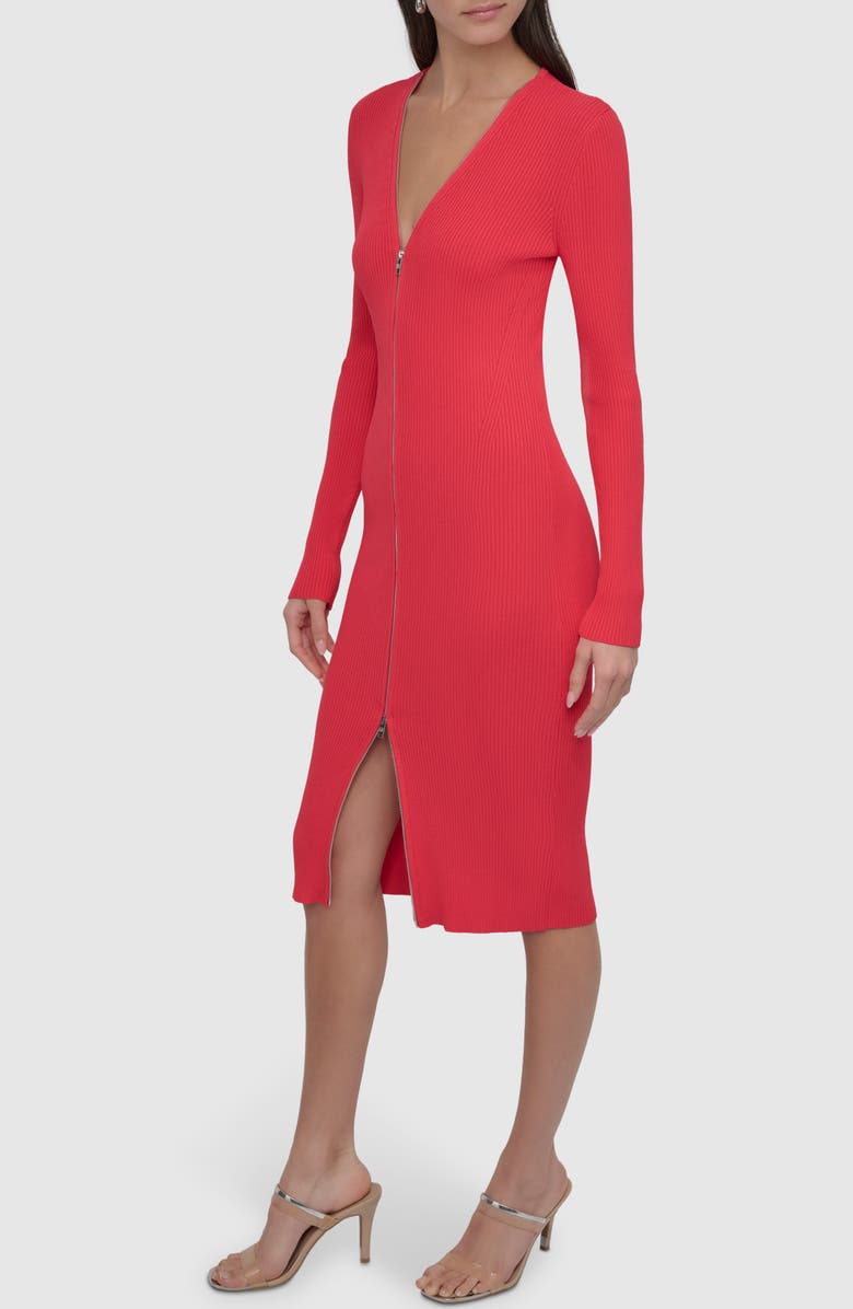 DKNY Front Zip Long Sleeve Rib Midi Dress, Alternate, color, Watermelon