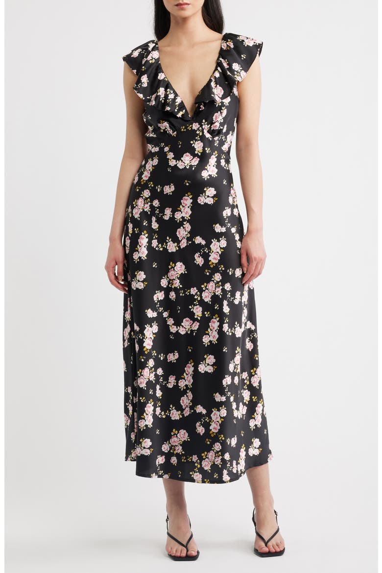 Carter Floral Ruffle Neck Maxi Dress, Main, color, BLACK/ PINK