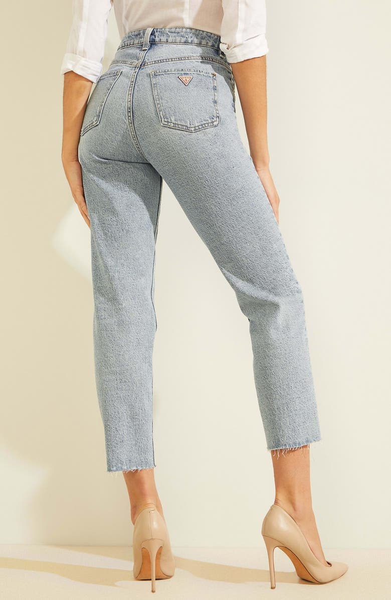GUESS Distressed Raw Hem Ankle Mom Jeans, Alternate, color, Moonstone Blue