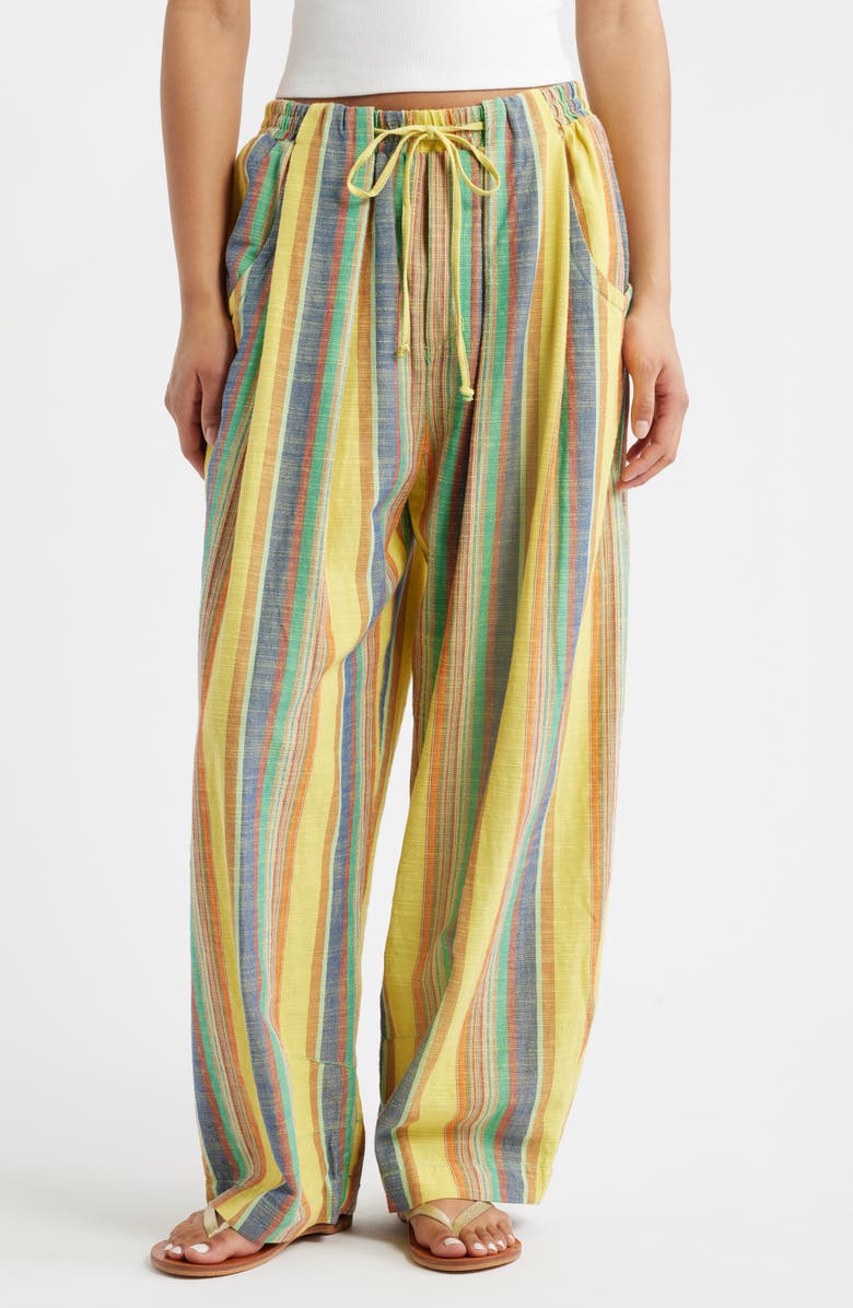 Free People Chambers Stripe Drawstring Linen & Cotton Pants, Main, color, Butter Yellow Combo