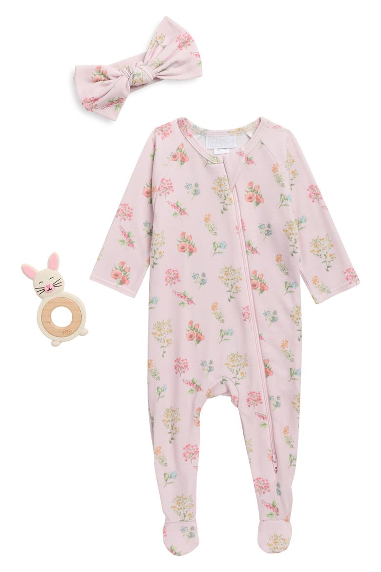 Botanical Floral Footie, Headband & Teether Set, Main, color, PRECIOUS PINK