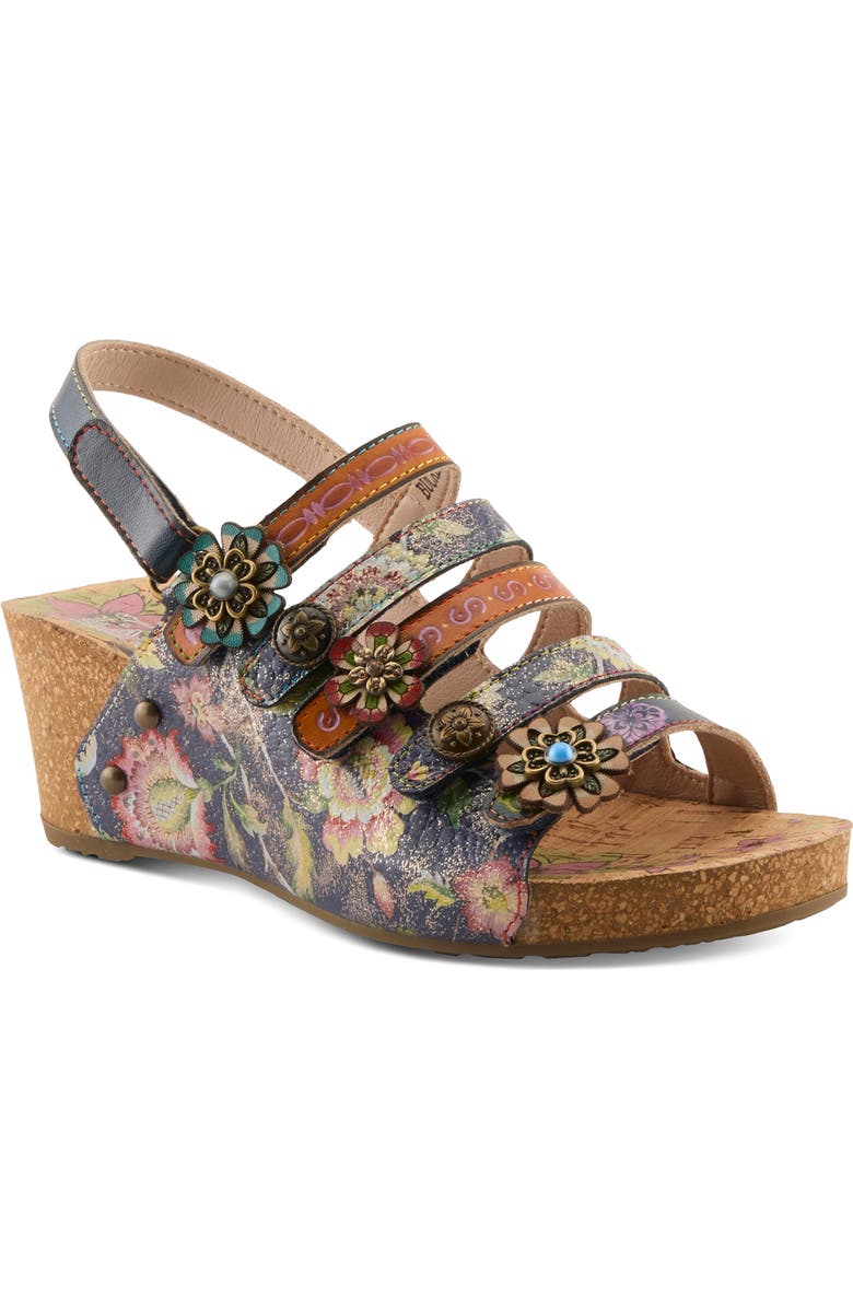 L'Artiste by Spring Step Buckle It Up Strappy Wedge Sandal, Main, color, Navy Multi