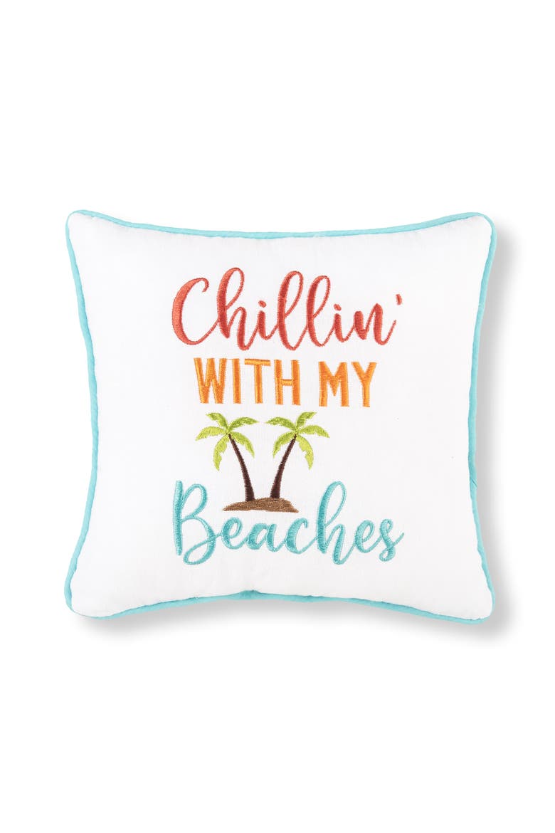"Chillin With My Beaches" Palm Trees Cotton Blend Mini Accent Pillow 10" x 10", Main, color, White