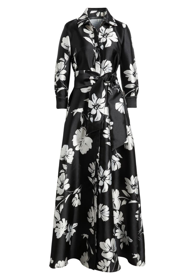 Floral Shirtdress Gown, Alternate, color, BLACK WHITE