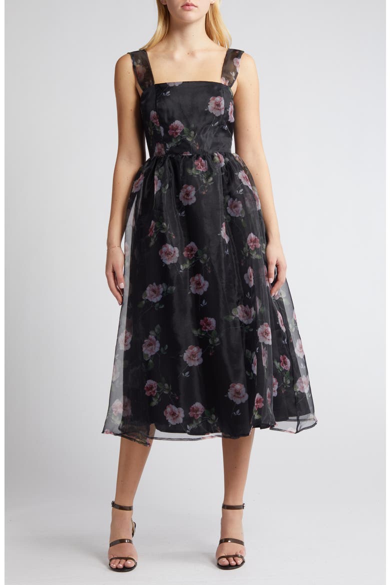 Floral Midi Dress, Main, color, BLACK/ PINK/ GREEN
