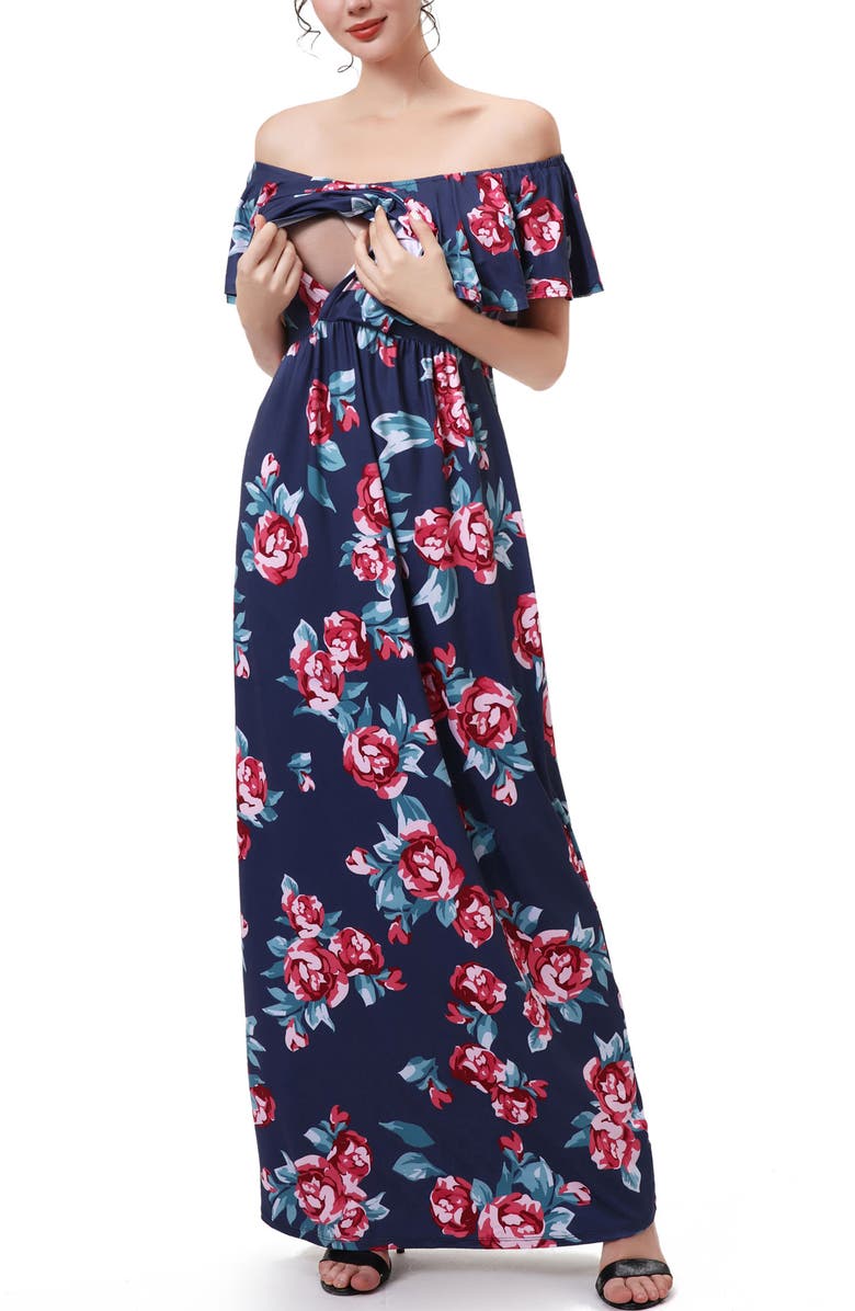 Kimi & Kai Calanthe Off the Shoulder Maternity Nursing Maxi Dress, Alternate, color, Multicolored