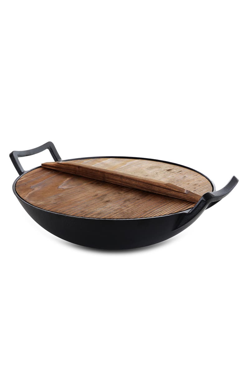 2 Piece 14 Inch Heavy Duty Cast Iron Wok with Wood Lid, Alternate, color, Black