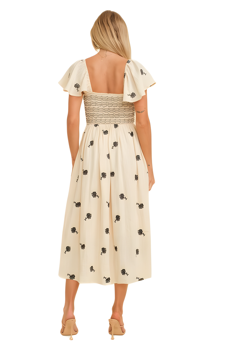 Knit and Lounge Smocked Bodice Midi Dress with Delicate Floral Accents, Alternate, color, 