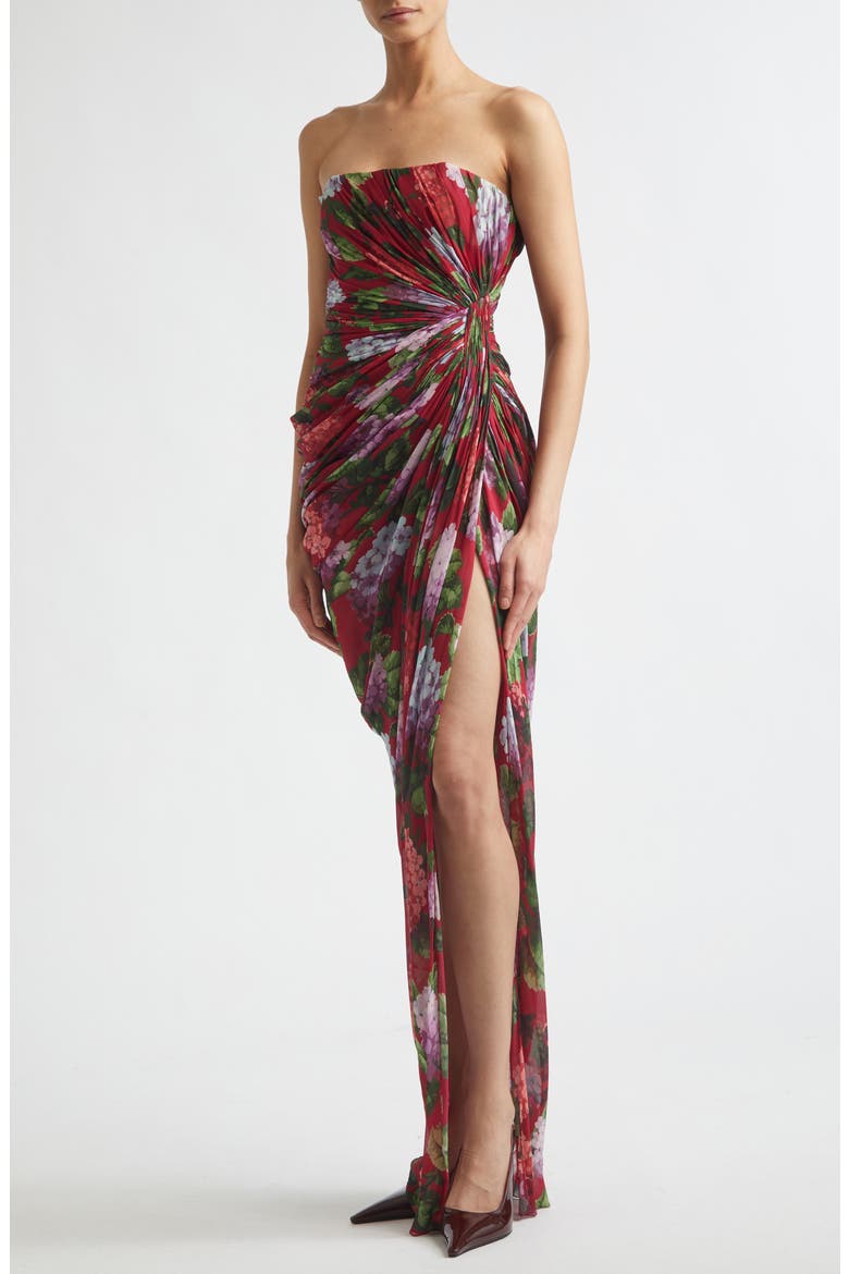 Hydrangea Print Strapless Ruched Silk Chiffon Gown, Alternate, color, CRANBERRY MULTI