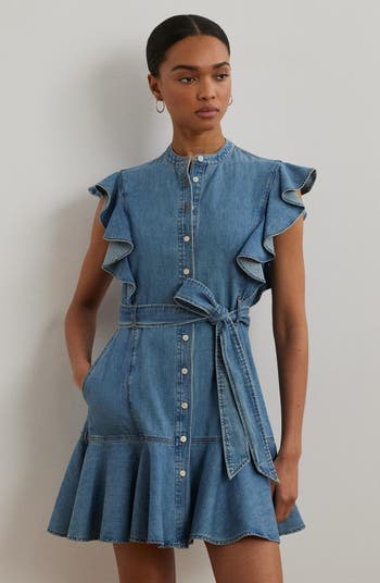 Flutter Sleeve Belted Denim Minidress