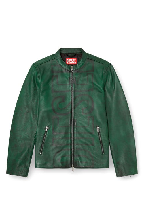 Diesel Treated Leather Biker Jacket With Faded Logo In Green