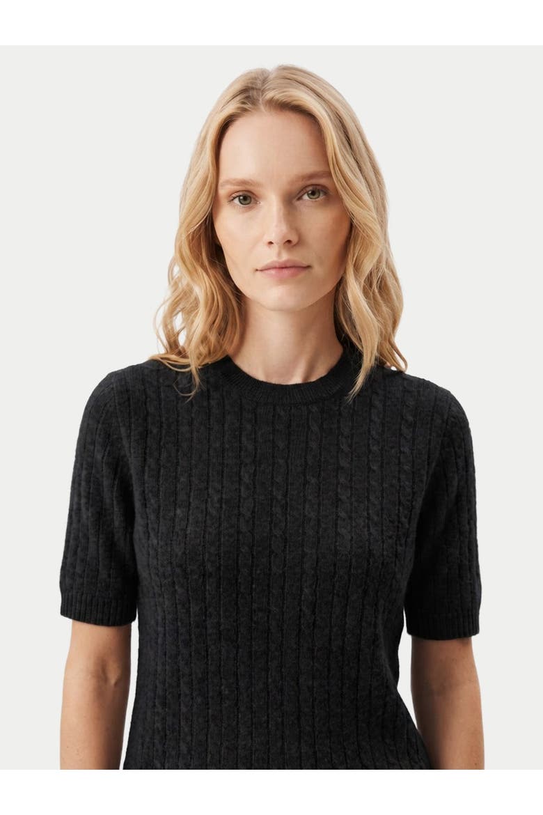 Cashmere Short-sleeve Cable Sweater, Alternate, color, black