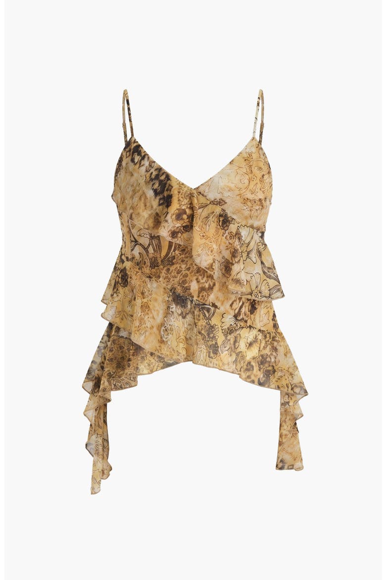 Ruffled Lightweight Layered Hem Spaghetti Strap Top, Alternate, color, Brown