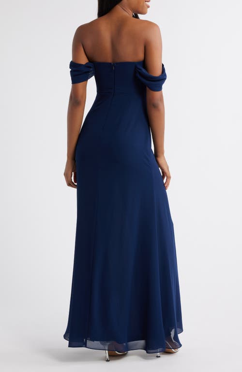 Lulus Off The Shoulder Chiffon Gown In Navy Blue