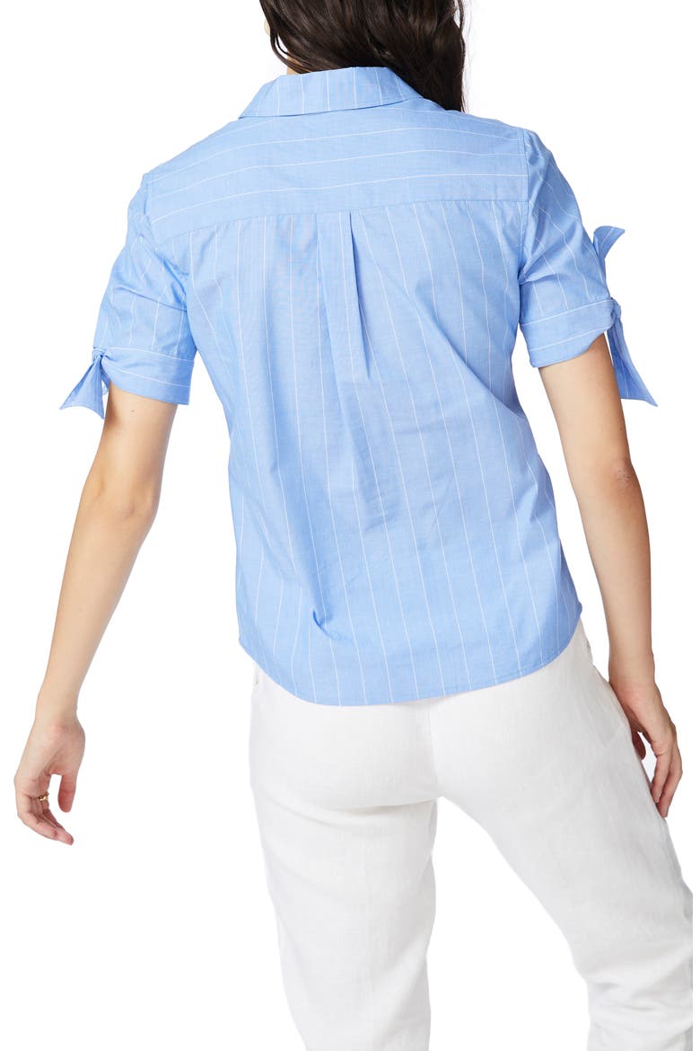 Wide Stripe Tie Cuff Cotton Shirt, Alternate, color, VILLA AZUL