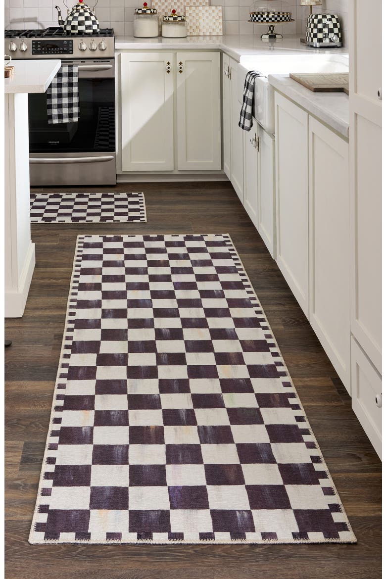 Courtly Checkered Machine Washable Runner Rug, Alternate, color, BLACK