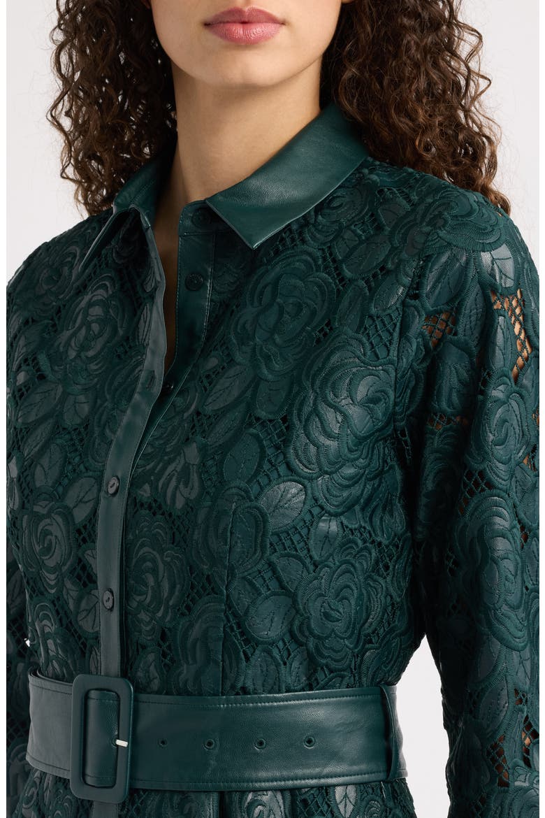 Kennedy Faux Leather Trim Lace Shirtdress, Alternate, color, ENCHANTED EVERGREEN