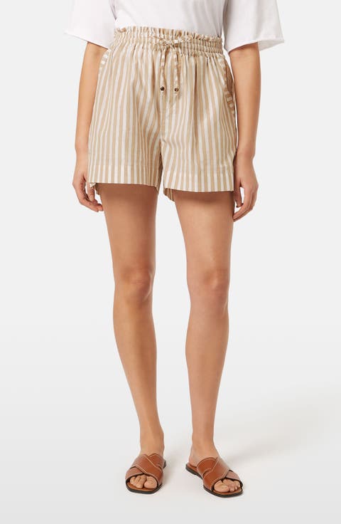 High Waist Stripe Cotton Blend Drawstring Shorts