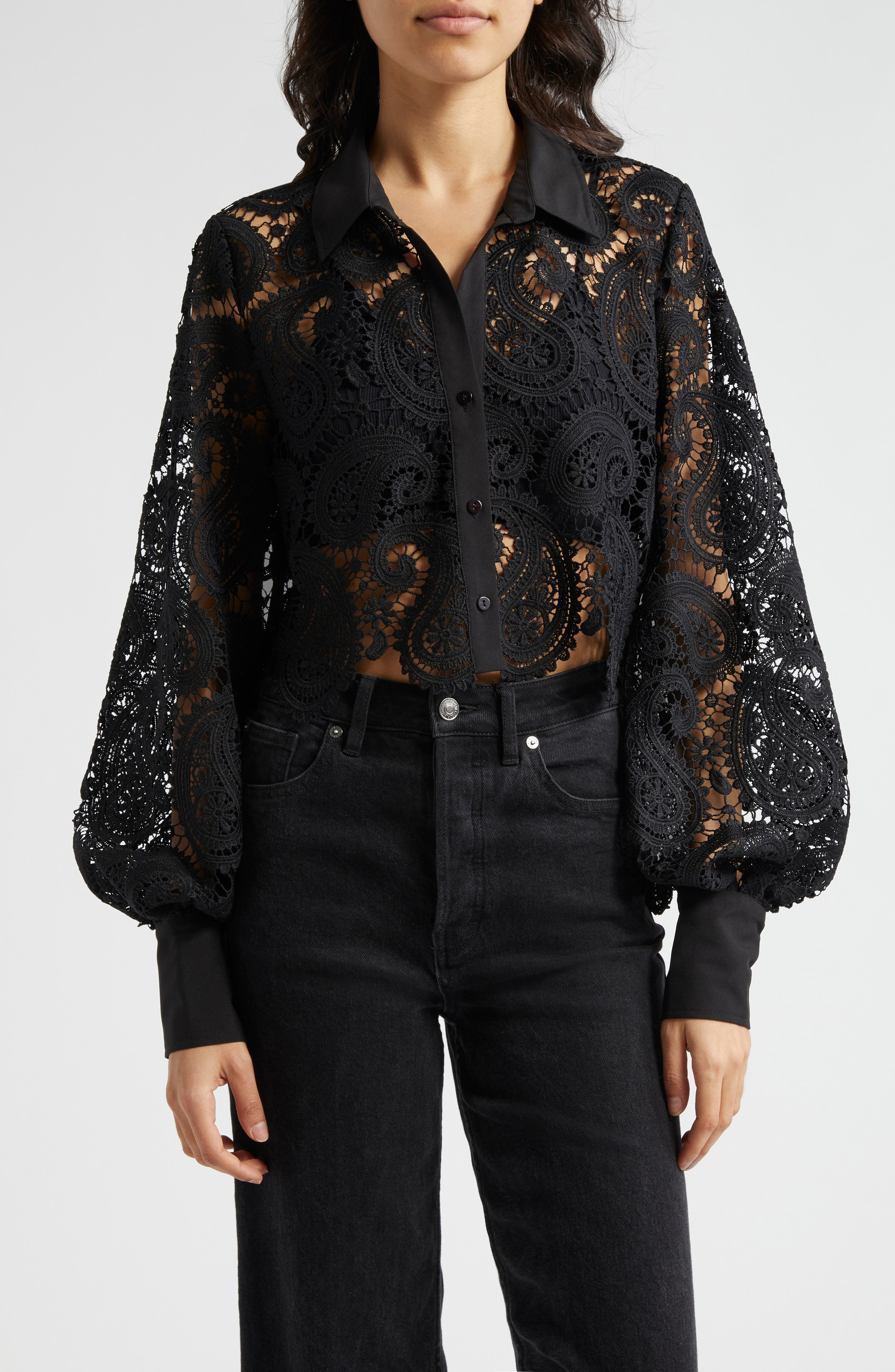 Odelia Allover Lace Crop Button-Up Shirt