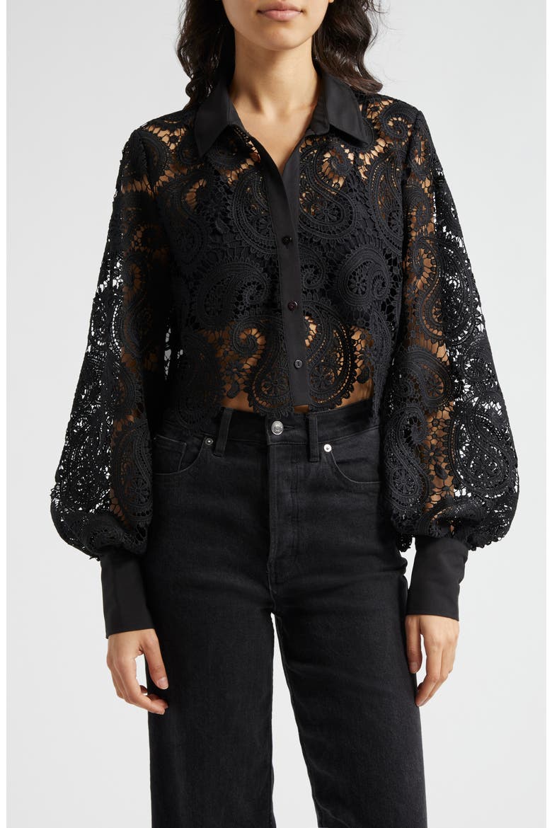 Odelia Allover Lace Crop Button-Up Shirt, Main, color, BLACK