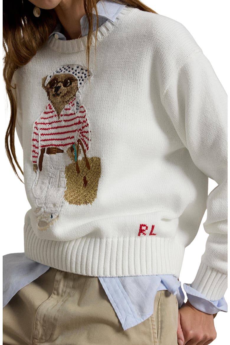 Polo Bear Crewneck Cotton Sweater, Alternate, color, WHITE MULTI