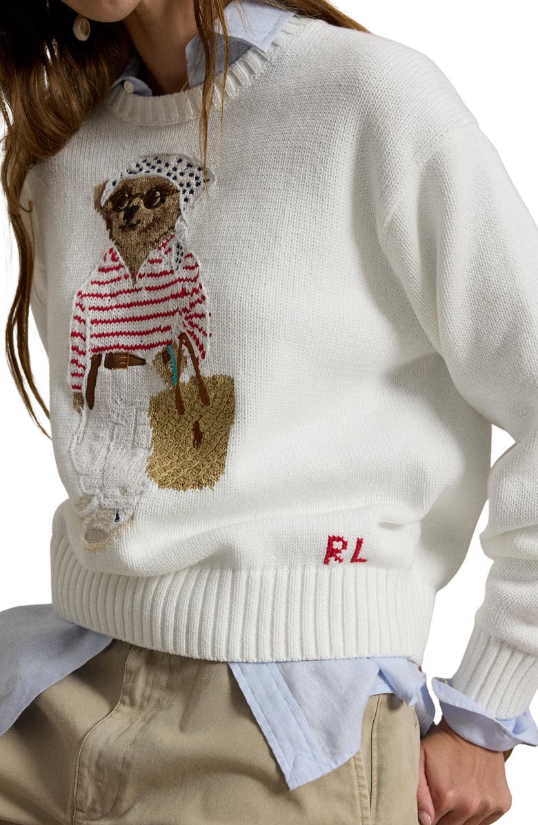 Polo Ralph Lauren Polo Bear Crewneck Cotton Sweater, Alternate, color, White Multi