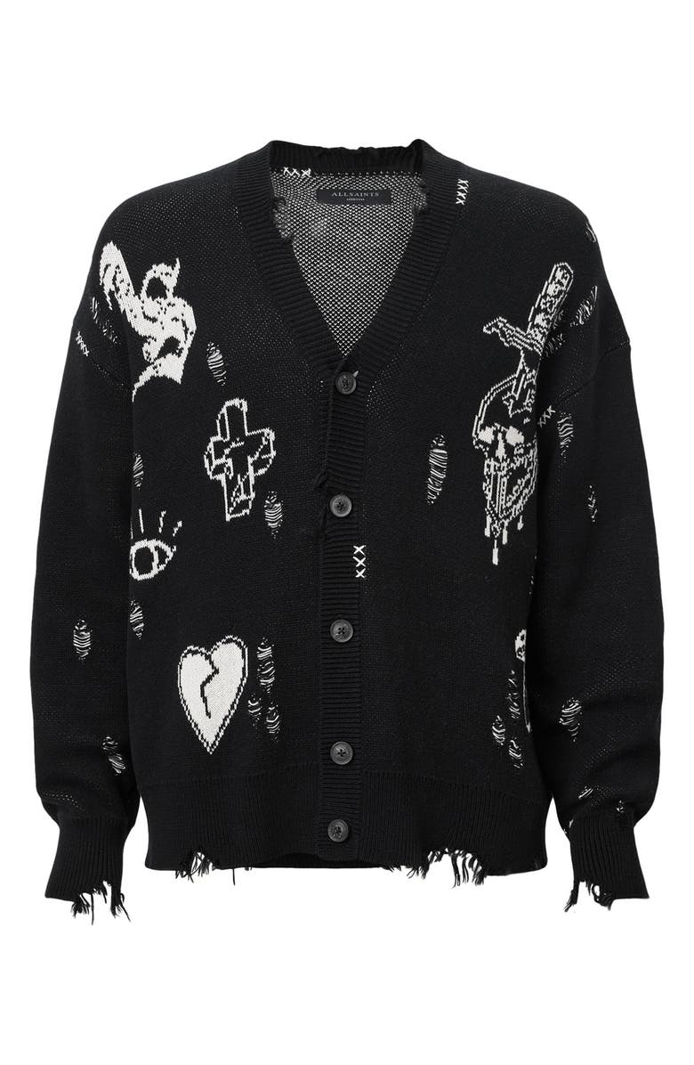 AllSaints Caledon Jacquard Cardigan, Alternate, color, Black/ Chalk White