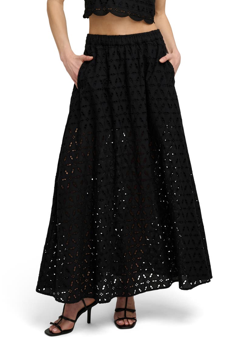 The Pretty Please Eyelet Embroidered Cotton Maxi Skirt, Main, color, BLACK