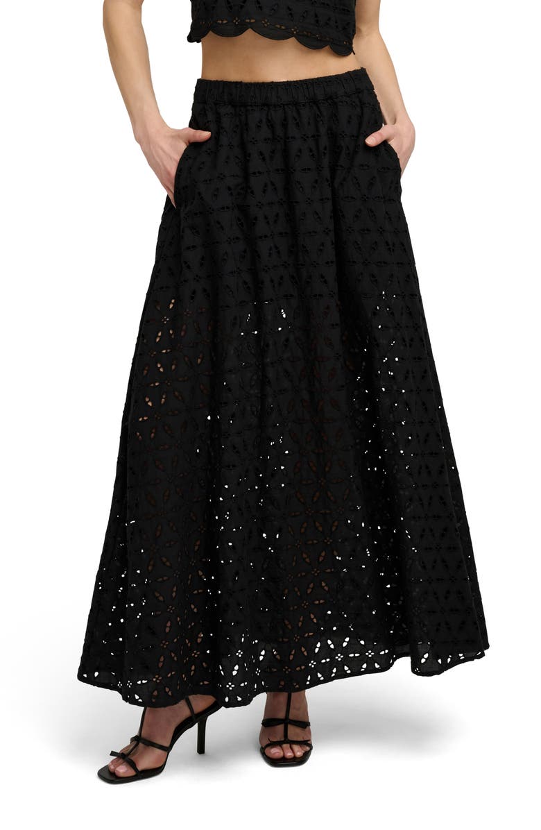 Favorite Daughter The Pretty Please Eyelet Embroidered Cotton Maxi Skirt, Main, color, Black