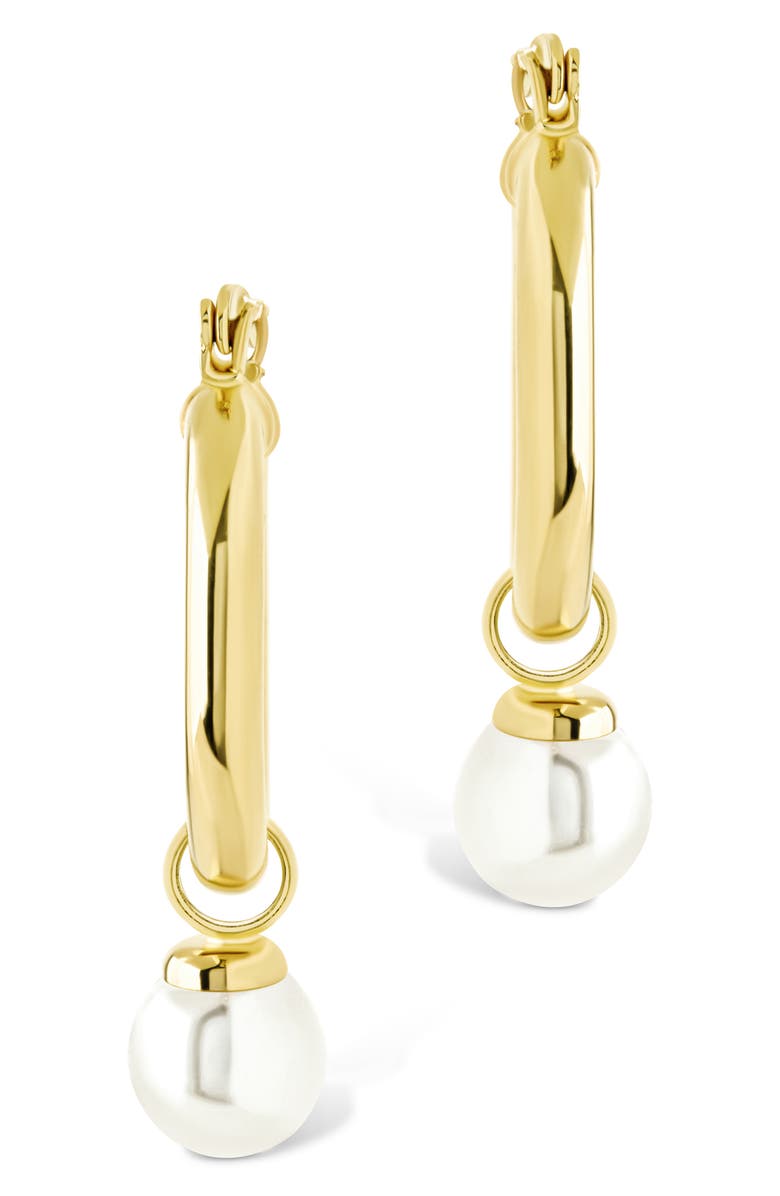 Sterling Forever 5-5.5mm Cultured Freshwater Pearl Dangle Hoop Earrings, Alternate, color, Gold