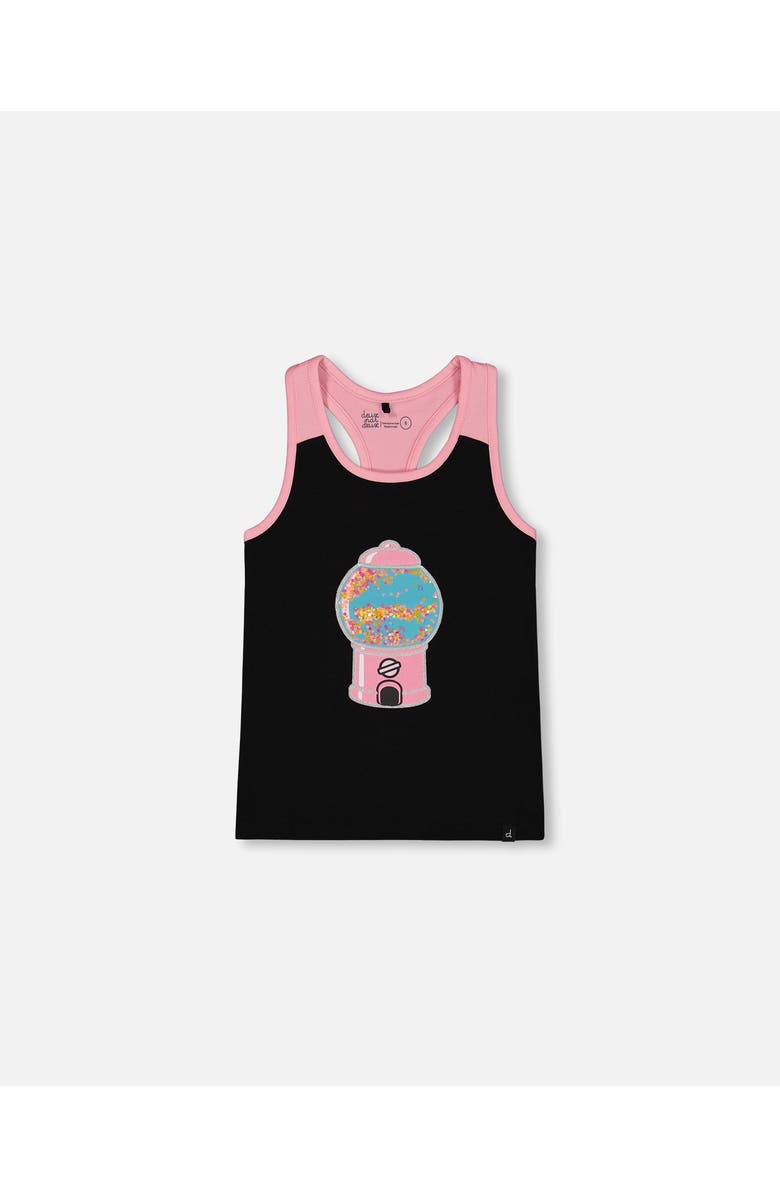 Deux par Deux Girl's Organic Cotton Racerback Tank Top Black And Candy Machine, Main, color, Black And Candy Machine
