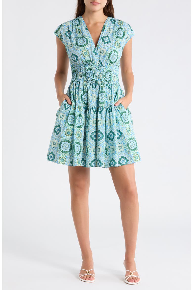 Tora Floral Print Shirred Dress, Main, color, BLUE MEDALLION